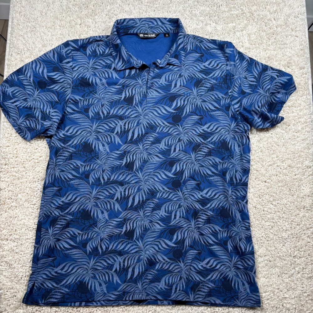TravisMathew Mens XXL Blue Tropical Palm Print Pima Cotton Blend Polo Shirt